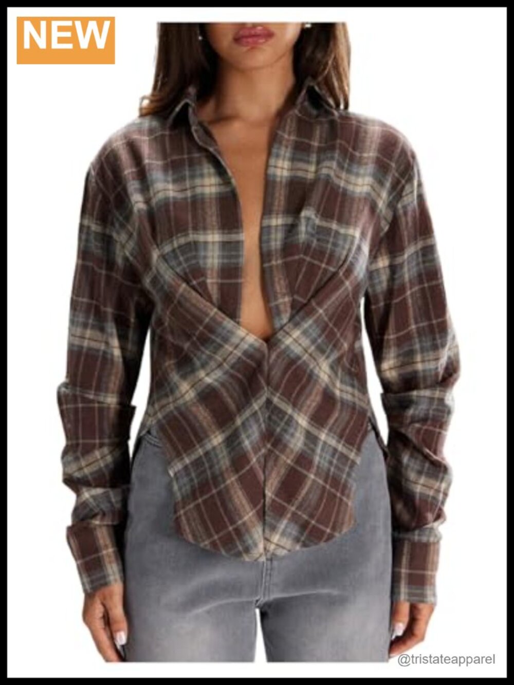 Women's Plaid Flannel Button Up Shirt Cinched Waist Crop Top